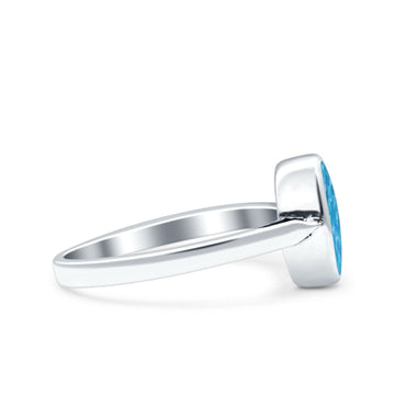 Vintage Style Petite Dainty Lab Created Blue Opal Solid Oval Oxidized 925 Sterling Silver